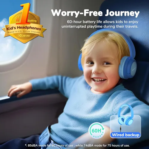 Miniatura 2 de iClever BTH22 - Auriculares Bluetooth para niños, tiempo de reproducción de 60 horas, carga rápida USB C, Bluetooth 5.4, cable AUX, volumen seguro