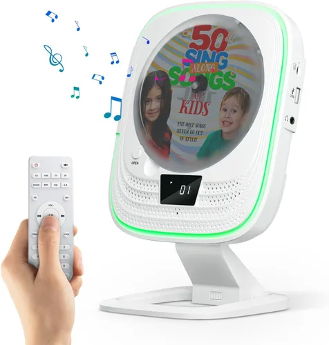 Reproductor de CD portátil Bluetooth 5.0 Boombox HiFi Altavoces estéreo, radio FM con control remoto, luces LED, TF/USB, conector para auriculares