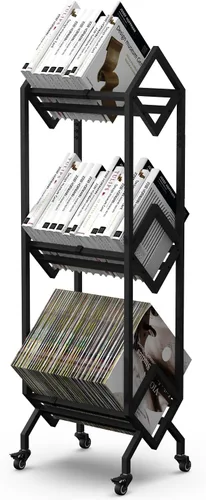 VENNQD Estantería de metal industrial para libros, soporte de 3 niveles con ruedas, diseño moderno y elegante, revistas, archivos, álbum de recetas,