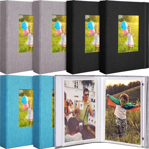 Miniatura 10 de Álbum de fotos pequeño de 6 piezas de 4 x 6 pulgadas, cubierta de lino con ventana frontal, álbum de recortes con capacidad para 52 fotos, mini Negro