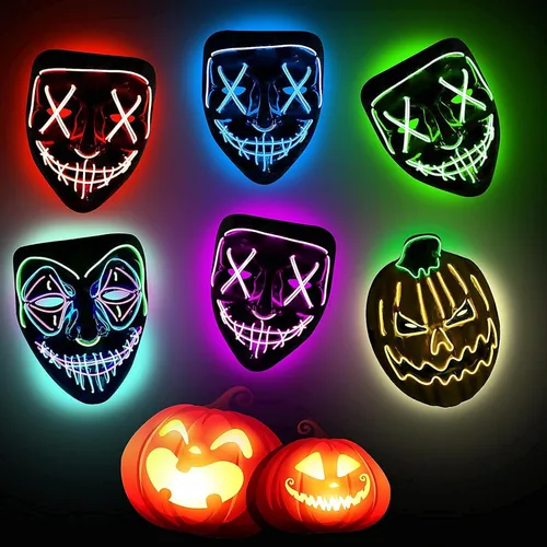 Miniatura 9 de Máscara de luz LED de Halloween, máscara brillante de miedo para disfraces de cosplay, festivales, suministros de fiesta de carnaval, regalos Verde