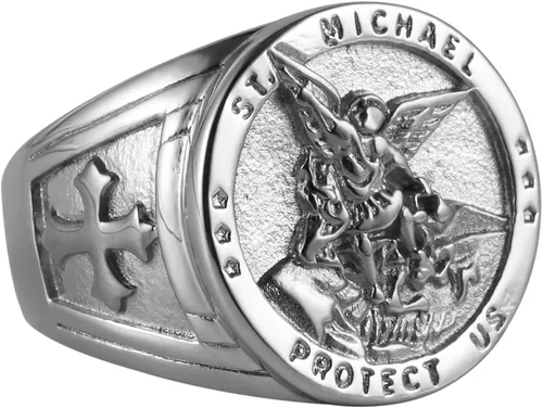 Miniatura 2 de HZMAN - Anillo de San Miguel, El Gran Arcángel protector derrotando a Satanás, estatuilla de acero inoxidable