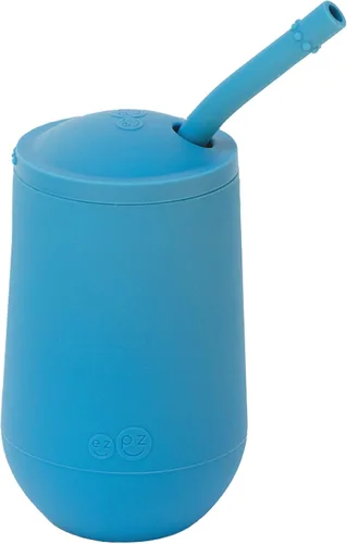 ezpz Happy Cup + sistema de popote (azul) - 24 meses + - Taza 100% de silicona + popote para niños mayores + preescolares - Diseñado por un