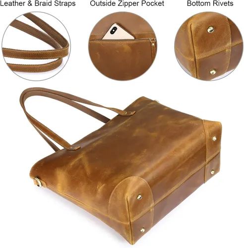 Miniatura 6 de S-ZONE - Bolso de mano de piel auténtica vintage para portátil, Bolsa de trabajo para mujeres con bolsillo trasero con cremallera