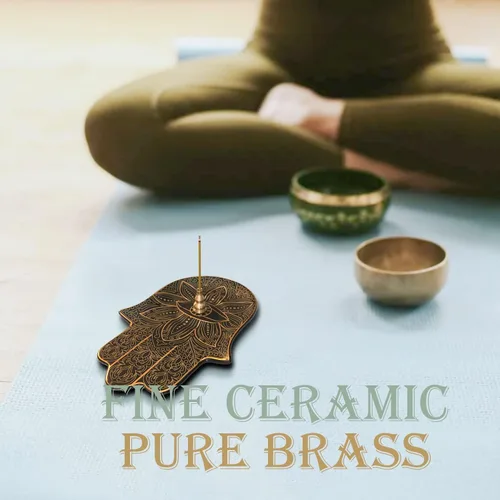 Miniatura 5 de Soporte de incienso de mano Hamsa de cerámica – Soporte de incienso de latón 2 en 1 para palos y bobinas de incienso – Decoración Zen con diseño