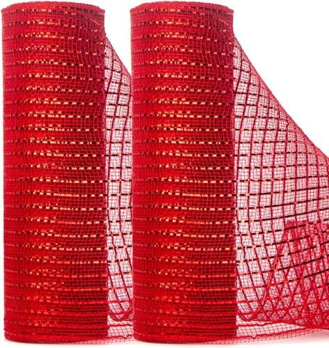 Ribbli 2 rollos de cinta de malla roja, 10 pulgadas x 30 pies (10 yardas) cada rollo, rojo metálico con lámina ancha roja, uso para coronas,