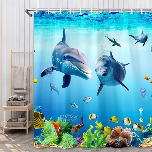 Miniatura 3 de Cortina de ducha con diseño de delfín, peces animales del océano para niños, paisaje del mundo submarino de fantasía azul, 72 x 72 pulgadas, juego