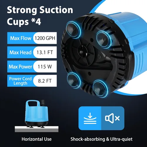 Miniatura 2 de Bomba de agua sumergible de 1200 GPH de 115 W para tanque de peces grande de 140-300 galones, estanque, acuario, fuente, drenaje de piscina, sistema