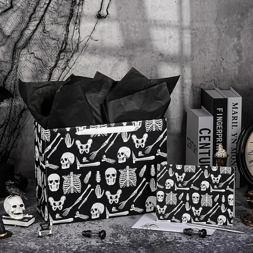 Miniatura 4 de WRAPAHOLIC Bolsa de regalo grande de esqueleto de Halloween con papel de seda y tarjeta, 10 x 5 x 13 pulgadas, bolsa de papel de esqueleto