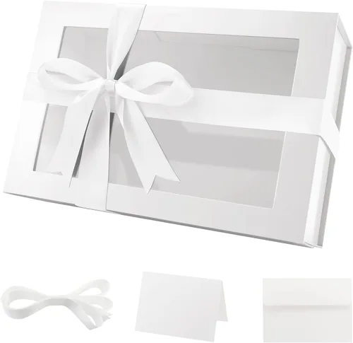 PACKQUEEN Caja de regalo grande blanca con ventana, 13.5x9x4.1 pulgadas Caja de regalo transparente para regalos con cinta, tarjeta, caja de regalo
