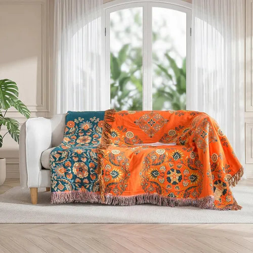 Miniatura 5 de Cobija para cama de estilo bohemio, 100 % algodón, ultra suave, edredón rústico, cobija de otoño, estampado floral, cobija grande rústica para sofá