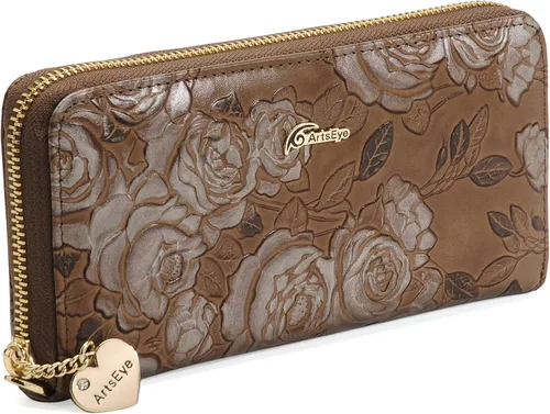 Miniatura 3 de ArtsEye Cartera larga con cremallera alrededor de cuero genuino en relieve rosa, Gris