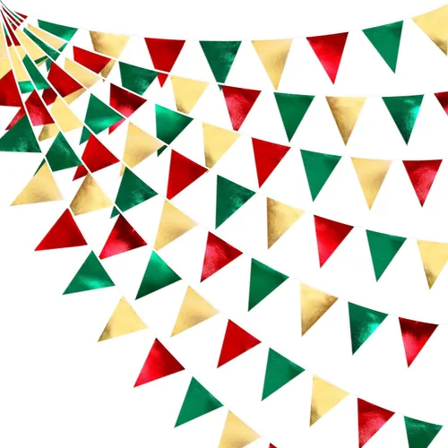 Miniatura 15 de Decoración de fiesta iridiscente de 33 pies, tela holográfica, banderín triangular, banderín de algodón, guirnalda de banderines para cumpleaños