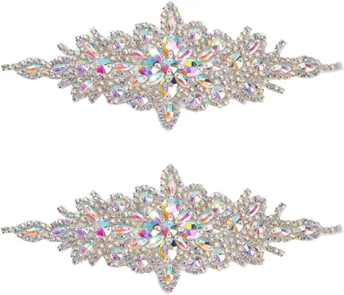 FINGERINSPIRE 2 parches de diamantes de imitación (plata, 24.1x9.4 cm) Parches termoadhesivos con cristales de fantasía color AB brillantes para