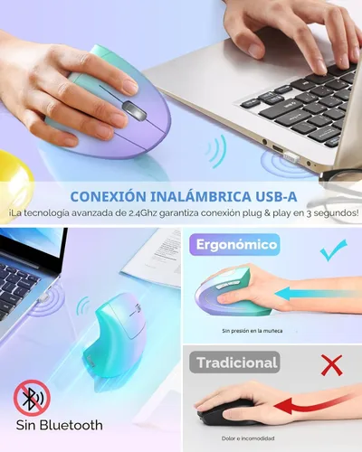 Miniatura 3 de Lekvey Ratón ergonómico, ratón vertical inalámbrico, ratón recargable óptico 2.4G para túnel carpiano: 800/1200/1600 DPI, 6 botones, para laptop