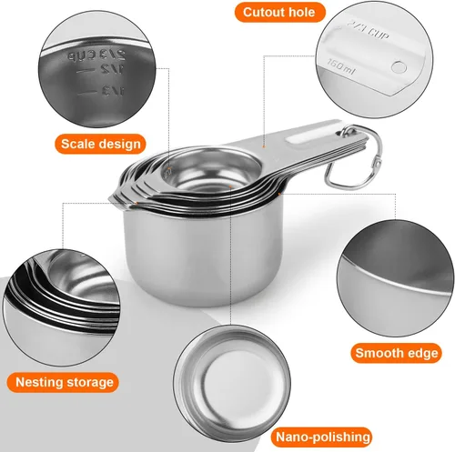 Miniatura 3 de Juego de 7 tazas medidoras apilables de acero inoxidable, resistentes, perfectas para ingredientes secos y líquidos, tazas medidoras anidables