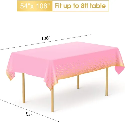 Miniatura 2 de HOMIX Manteles de plástico rosa y dorado para mesas rectangulares, paquete de 6 manteles desechables de fiesta, fundas de mesa de confeti de punto