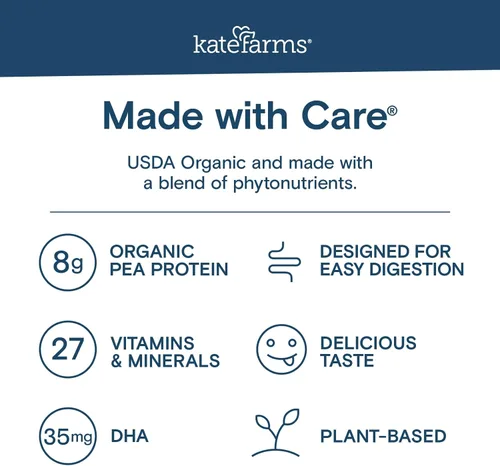 Miniatura 5 de KATE FARMS Batido de nutrición orgánica para niños sabor vainilla, 8g de proteína, 27 vitaminas y minerales, reemplazo de comida, sin gluten, sin