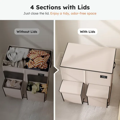 Miniatura 5 de SOLEDI Cesta doble para la ropa sucia con tapa, 47.8 galones (180 litros), cesta grande para lavandería, 2 secciones con 2 bolsillos laterales, Gris