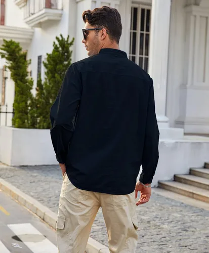 Miniatura 6 de Uiriuy Camisas Guayabera de lino con botones y manga larga para hombre