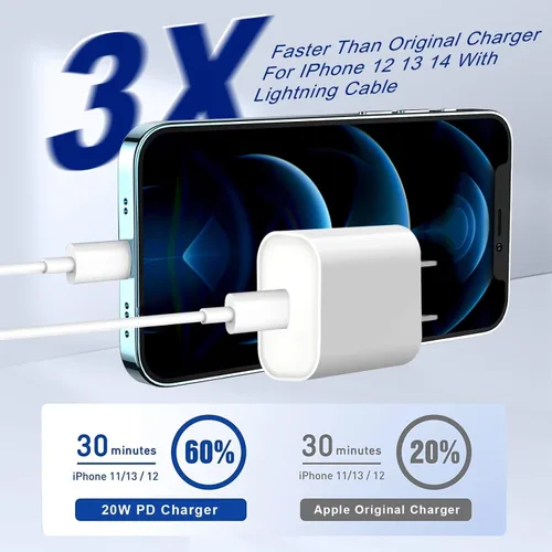 Miniatura 4 de Bloque de carga rápida USB C de 20 W PD para iPhone, paquete de 2 bloques de carga de pared tipo C con cable USB C a Lightning de 6 pies compatible