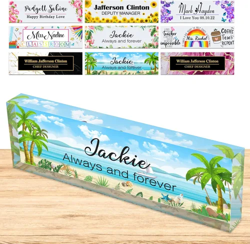 Miniatura 10 de Placa de nombre personalizada para escritorio, placas de nombre personalizadas para hombres y mujeres, diseño de girasol con logotipo de negocios