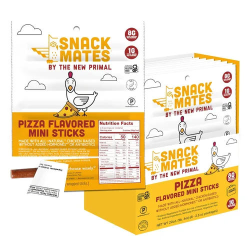 Miniatura 11 de The New Primal Snack Mates Pepperoni Pizza Chicken Sticks, bocadillos saludables sin gluten para niños, bajos en azúcar y altos en proteínas