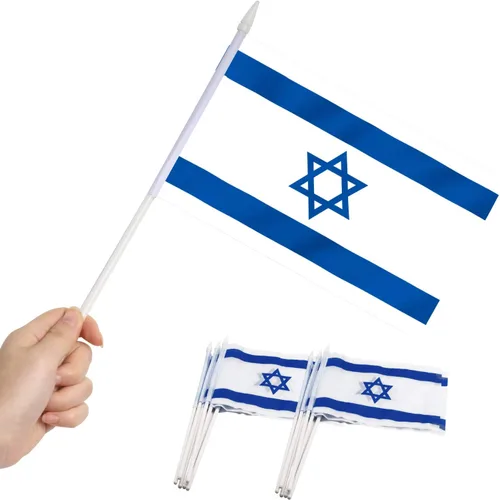 Anley Paquete de 12 mini banderas israelíes de Israel en miniatura de mano, resistentes a la decoloración y colores vivos, 5 x 8 pulgadas con poste