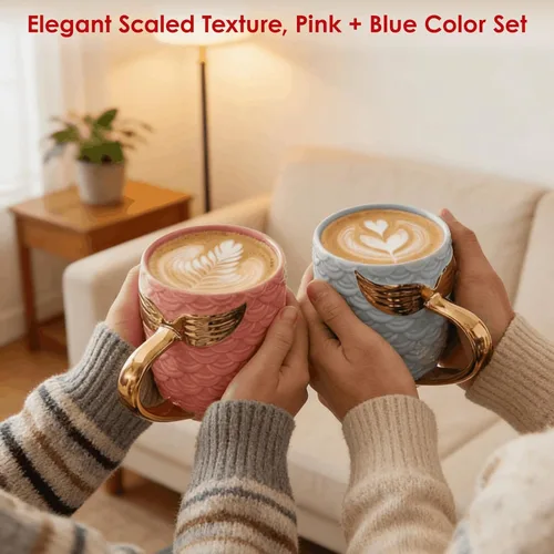 Miniatura 6 de Youeon Juego de 2 tazas de café de cerámica de 12 onzas con textura escalada, juego de tazas rosas y azules con mango metálico en la cola, regalo