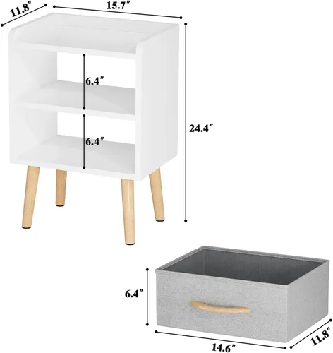Miniatura 2 de LUCKNOCK Mesita de noche blanca con cajón, mesita de noche moderna de mediados de siglo, mesita de noche de madera resistente con estante