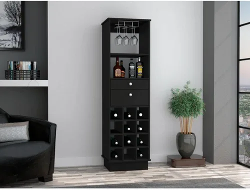 Miniatura 5 de FM FURNITURE Hype - Armario de bar con 12 cubos de vino, 2 cajones, estante de vidrio y estante, color negro