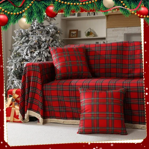 Miniatura 3 de Oudain Juego de fundas de sofá navideñas con 2 fundas de almohada de 71 x 134 pulgadas, fundas de sofá rojas a cuadros búfalos, funda de sofá de 3