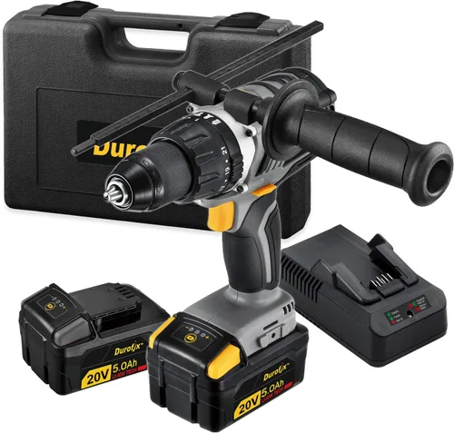 Durofix Taladro martillo jumbo de 20 V sin escobillas, 2 velocidades de iones de litio, máximo 900 in-lbs, 30,000 BPM, 5.0Ah x2, cargador y funda,