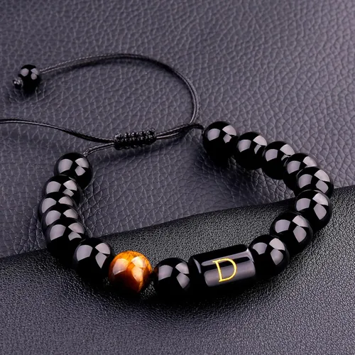 Miniatura 21 de SUMMER LOVE Regalos para el Día del Padre, pulsera con inicial de piedra de ónix negro de 0.394 pulgadas para hombres, pulsera de cuerda trenzada