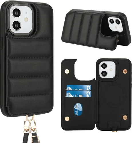 Funda tipo cartera cruzada para iPhone 11 (6.1 pulgadas) con correa, funda de piel con bloqueo RFID para mujer con tarjetero, bolsa magnética a