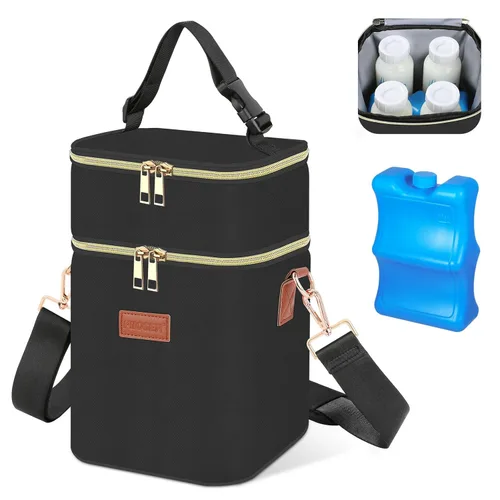 Bolsa de transporte para biberones PIIOSER con paquete de hielo, cabe 4 biberones de hasta 9 onzas, pequeña bolsa térmica aislada para leche materna