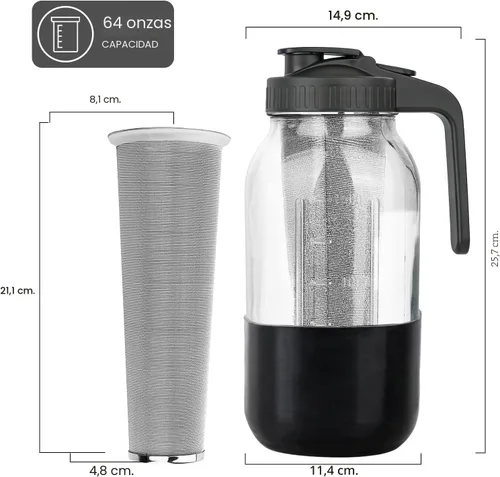Miniatura 6 de Cafetera de café frío, jarra de frasco Mason con filtro de acero inoxidable, tapa con mango y pico vertedor, vidrio resistente hermético y a prueba