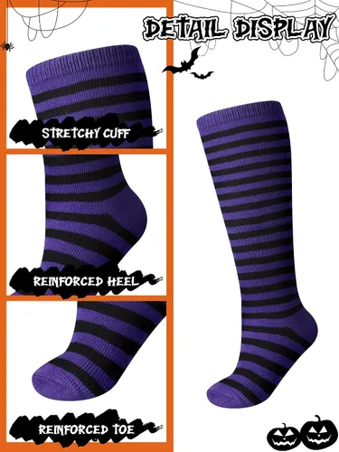 Miniatura 5 de Foaincore 5 pares de calcetines de Halloween para bebé, calcetines largos a rayas de bruja para recién nacidos, calcetines de algodón sin costuras