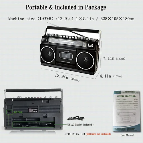 Miniatura 8 de Boombox portátil estilo retro clásico de los años 80 con reproductor grabador de casete, radio AM/FM/SW1/SW2, Bluetooth, ranuras USB/Micro SD