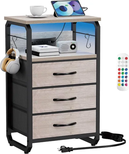 Miniatura 10 de runjuly Mesita de noche con luz, mesa auxiliar LED con cajones y estación de carga con puerto tipo C, pequeña mesa de noche con ganchos, cómoda