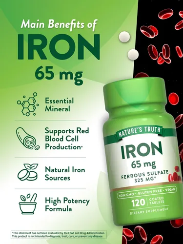 Miniatura 5 de Suplemento de hierro de sulfato ferroso 65 mg 120 tabletas Sin OMG, sin gluten por Nature's Truth