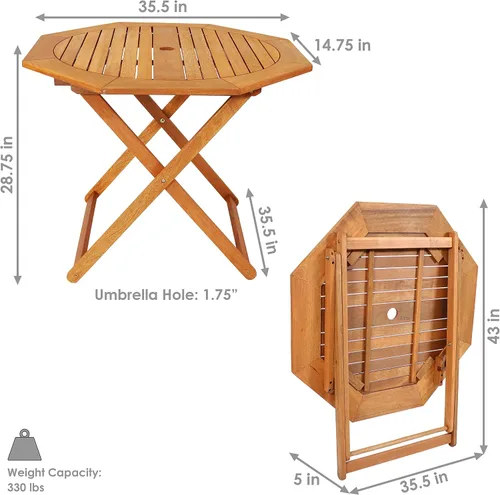 Miniatura 3 de Sunnydaze Meranti - Mesa plegable de madera para exteriores con agujero para sombrilla - Mesa de patio plegable para comedor y reuniones - Acabado