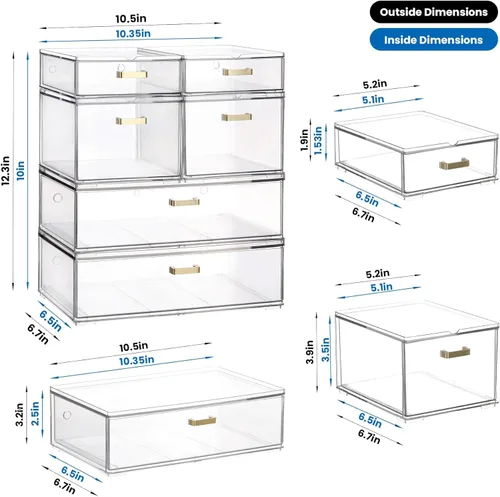 Miniatura 3 de LALOBLUE Cajones de almacenamiento apilables, paquete de 6 cubos organizadores de acrílico transparente con asas doradas, cajones de plástico