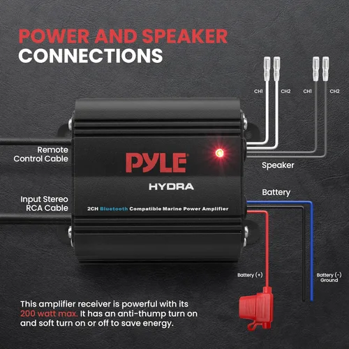 Miniatura 4 de Pyle Amplificador marino automático de 2 canales, 200 vatios RMS 4 OHM estéreo de rango completo con Bluetooth inalámbrico y potente altavoz Prime