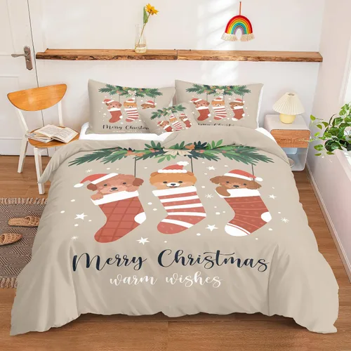 Miniatura 20 de Juego de ropa de cama de Navidad con funda de edredón de copos de nieve, color blanco y rojo, con estampado navideño, juego de ropa de cama festiva