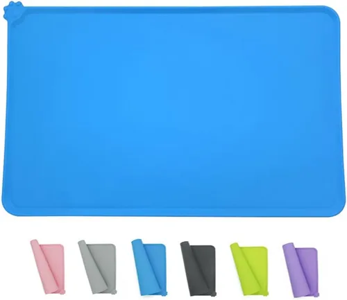 Tapete de silicona para alimentación de mascotas, impermeable, para perros y gatos, bordes elevados para evitar derrames, bandeja individual Azul