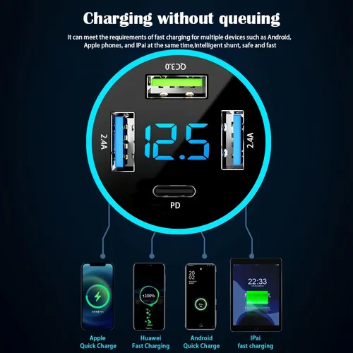 Miniatura 5 de Adaptador de cargador de automóvil, cargador USB de 4 puertos con voltímetro PD 3.0 y QC 3.0, cargador USB para automóvil, accesorios de carga