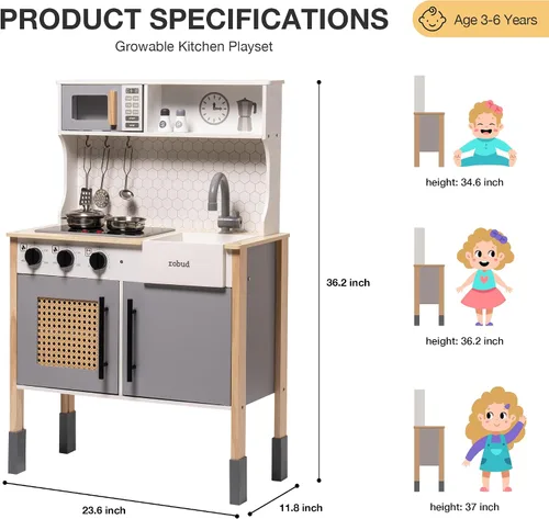 Miniatura 2 de ROBUD Cocina de Juego para Niños, Juego de Cocina de Madera con Sonidos y Luces, Juego de Cocina Moderna Vintage de Simulación para Niños Pequeños