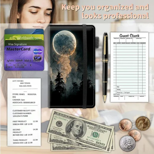 Miniatura 5 de Libretas de alto volumen para camareros, libro de servidor Forest Moon con 2 bolsillos expandibles de 9 x 5, libro de mesera lindo con bolsillo