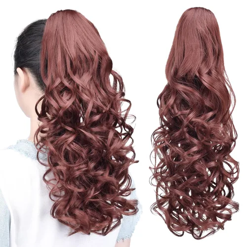 Miniatura 39 de Extensiones de cola de caballo, extensiones de cabello rizado con clip de garra de color marrón oscuro para mujer, peluca sintética de cola